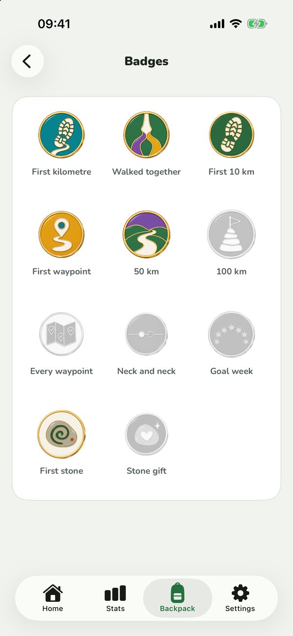 Badges such as First kilometre and Walked together