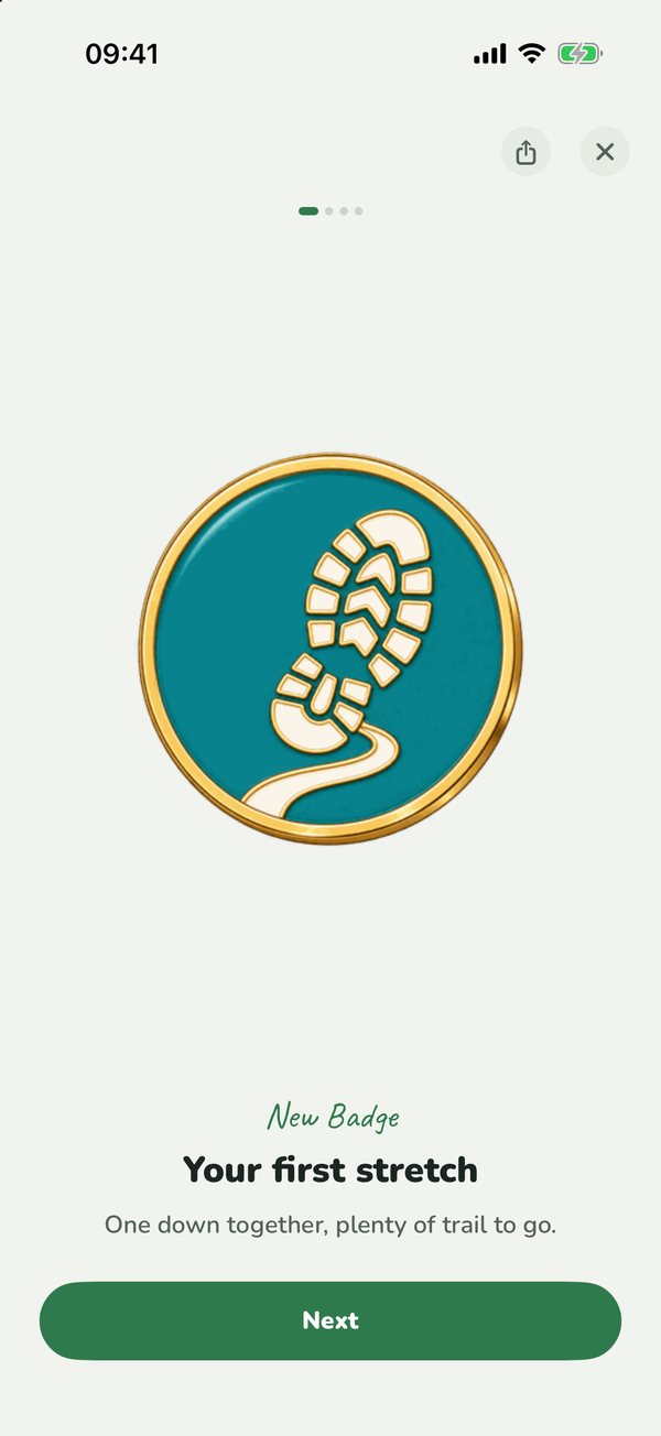 A full-screen celebration for a new badge: Your first stretch