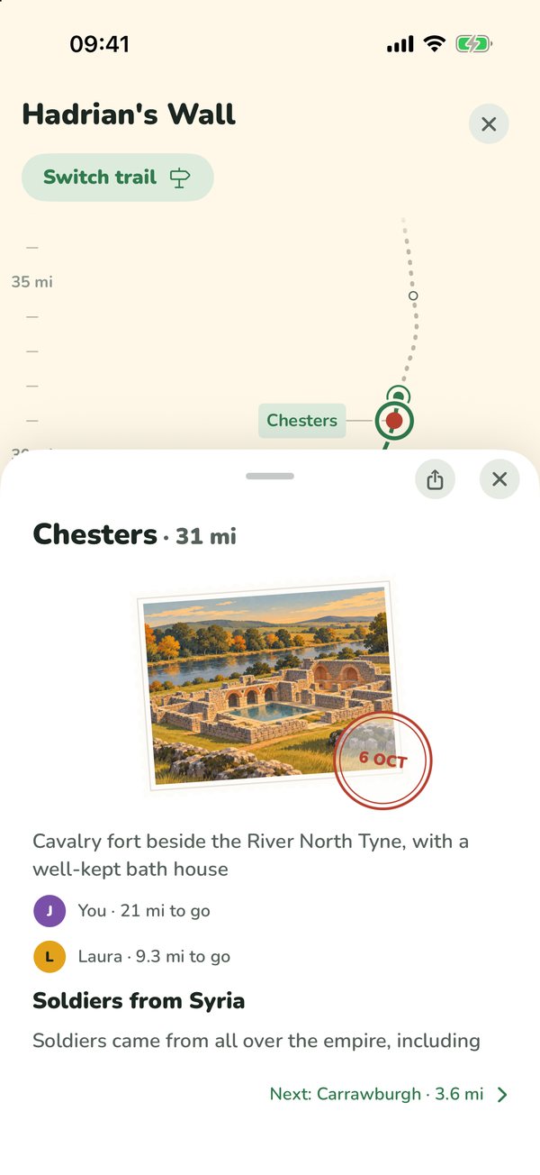 The trail map zoomed on Chesters, with a postcard, distance to go and a story about soldiers from Syria